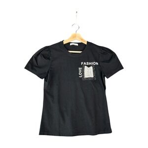 Love Fashion Black Puff Sleeve Rhinestone Pocket T Shirt Women's Size L